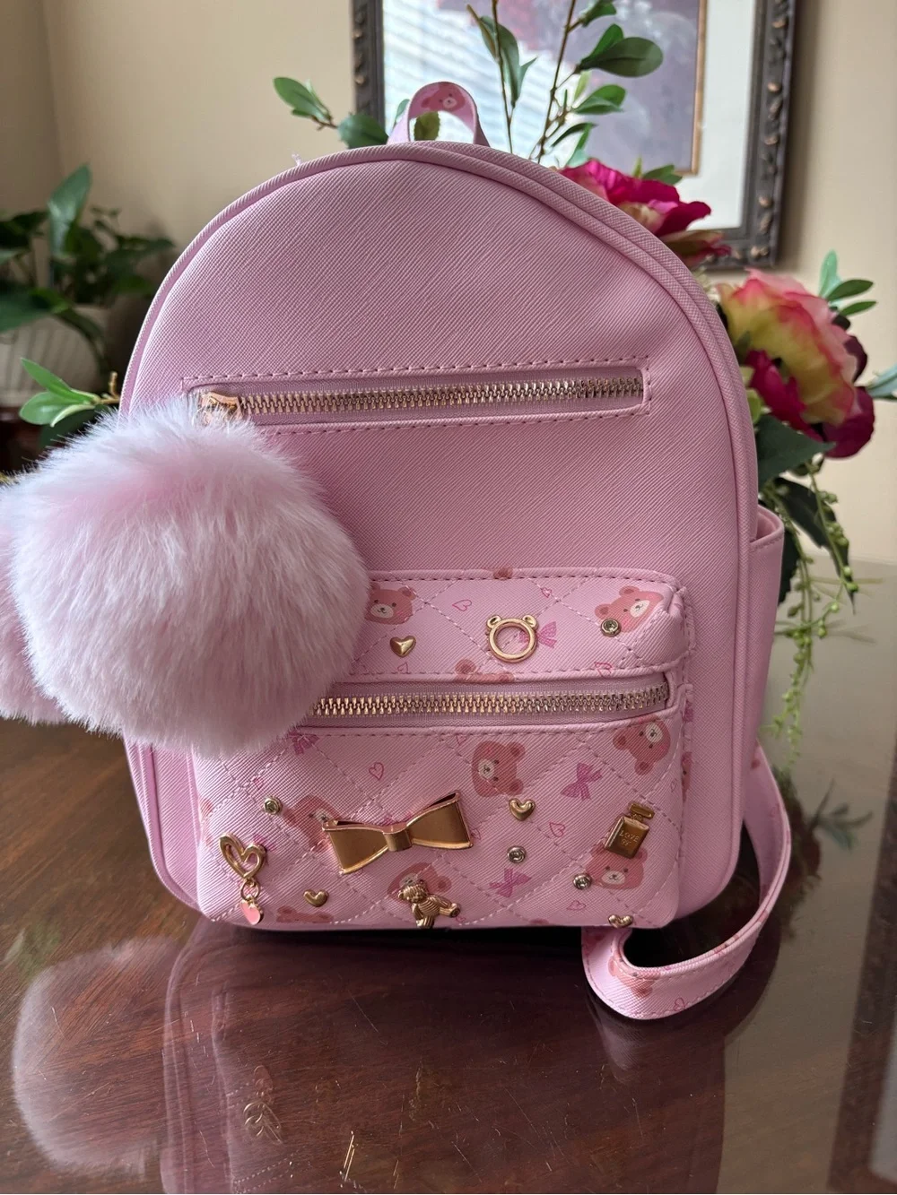 Under One Sky Light Pink Mini Backpack with Faux Fur Pom Pom and Gold Accents